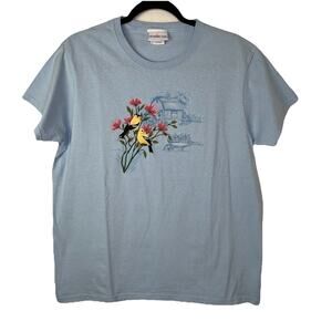 Morning Sun Blue Graphic Print Embroidered Size L spring, flowers, Birds, Casual